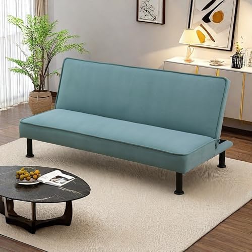 Futon Sofa Bed, Convertible Sofa Couch with Flannel Fabric Adjustable Backrest, Sleeper Couch Bed Loveseat with Curved Armrest for Living Room Bedroom Small Spaces, Green, 77.5"