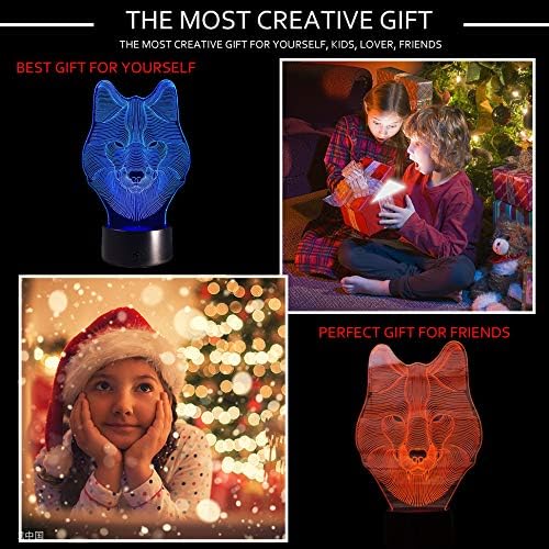 Ticent Animals Wolf 3D Night Light Touch Control Desk Lamps, 7 Color Changing Table Lights with Acrylic Flat, ABS Base & USB Charger