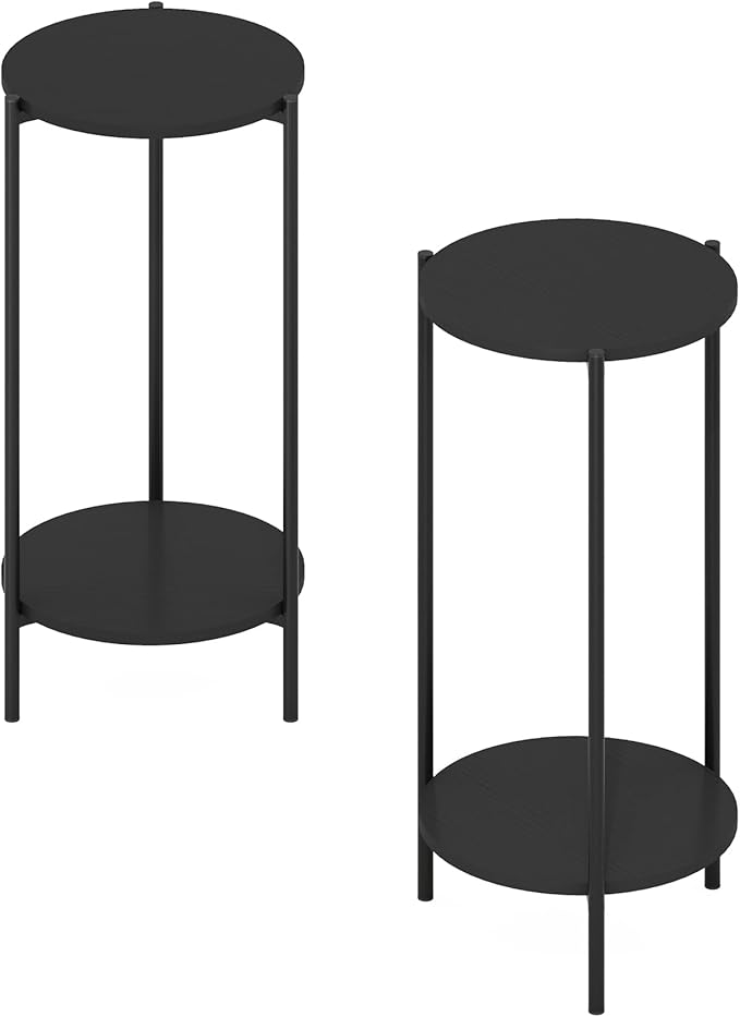 Furinno BESI Side Table Set of 2, 2-Tier Small Round End Table with Metal Legs, Metal Frame Night Stand, Bedside Table with USB and Type-C Charging Port, for Living Room, Bedroom, Americano