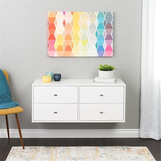 Prepac 4-Drawer Floating Dresser for Bedroom, Modern Dresser Chest of Drawers with Brushed Brass Knobs 16" D x 42.25" W x 17.25" H, White, WDBW-1412-1