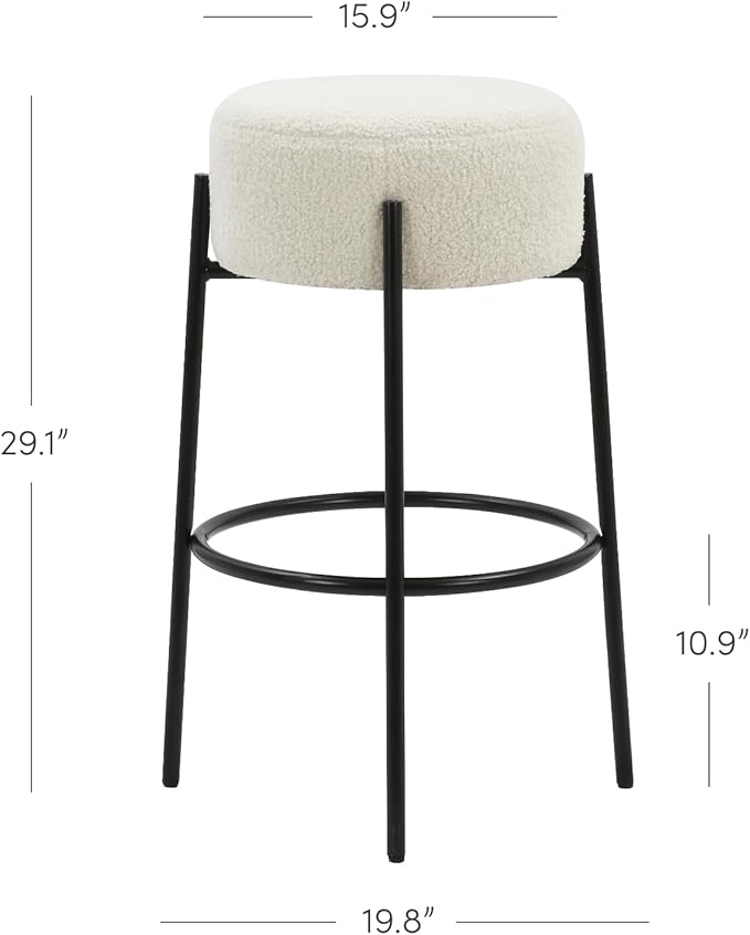 Nathan James Isaac 29" Modern Backless Bar Stool with Round Soft Padded Boucle Seat and Metal Mid-Century Base, Boucle White/Black, Set of 2