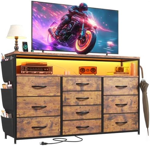 EnHomee 10-Drawer Dresser TV Stand for 55" TV with LED Lights, Power Outlets & Side Pockets (Rustic Brown)
