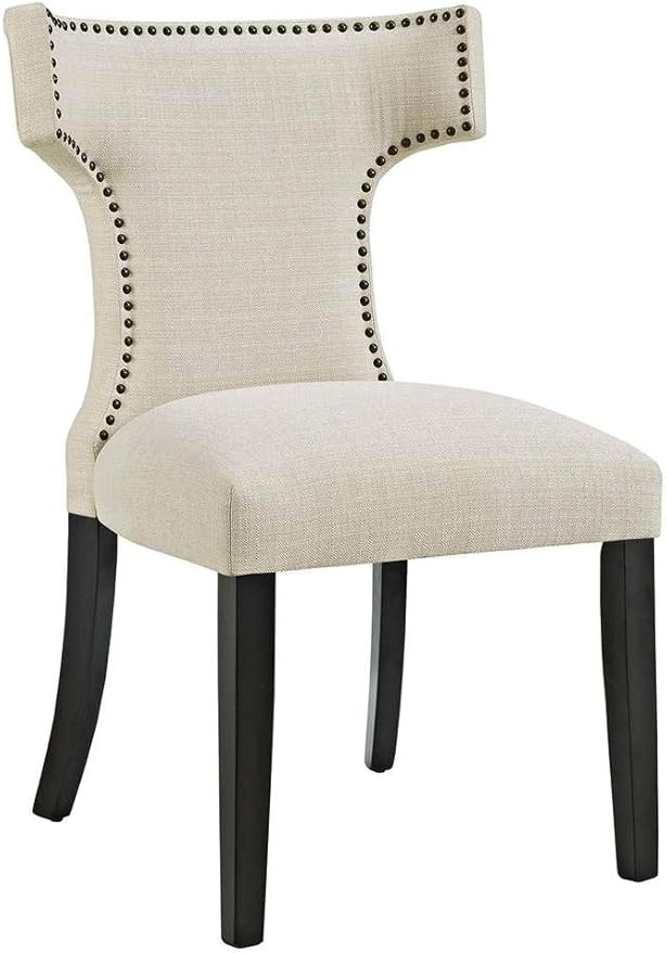 Modway Curve Mid-Century Modern Upholstered Fabric Two Dining Chair Set With Nailhead Trim In Beige