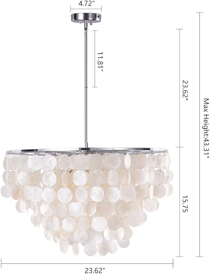 Wellmet Natural Capiz Shell Chandelier, 6 Lights Coastal Modern Capiz Chandelier Pendant Lighting, Hanging Round Layered Chandelier for Living Room, Dining Table, Bedroom, Kitchen, Foyer, W-23.62”