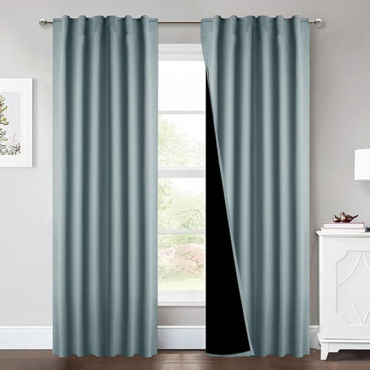 NICETOWN Greyish Blue 100% Blackout Window Curtain Panels, Cold and Full Light Blocking Drapes with Black Liner for Nursery, 84 Inches Drop Thermal Insulated Draperies (2 Pieces, 52" Wide per Panel)