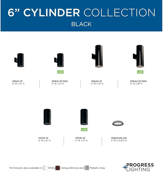 Progress Lighting 6-in Cylinder Outdoor Ceiling Light, 1-Light Modern Flush Mount, Interior and Exterior, Home or Porch, Aluminum, 6" W x 12". H, Black, P5741-31