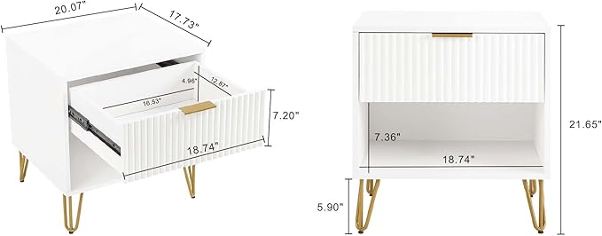 Manhattan Comfort Dumbo Modern Nightstand 1.0 with 1 Drawer and Metal Feet | Splayed Gold Legs | Vertical Ribbed Design | No Tool Assembly Storage for Bedroom & Living Room, Set of 2, White
