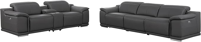 BlackJack Furniture Venice Top Grain Italian Leather Power Recline 6 Piece 5 Seater Sofa - 107" Theater Seating Modern Couch for Living Room Lounge with Adjustable Headrests & USB Port, Dark Grey