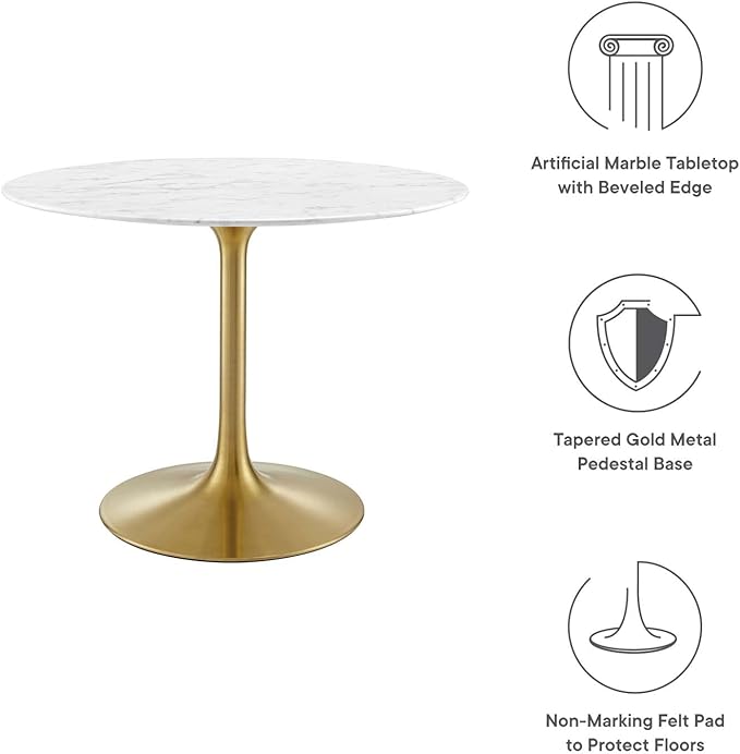 Modway Lippa 40" Mid-Century Dining Table with Round Artificial Marble Top in Gold White