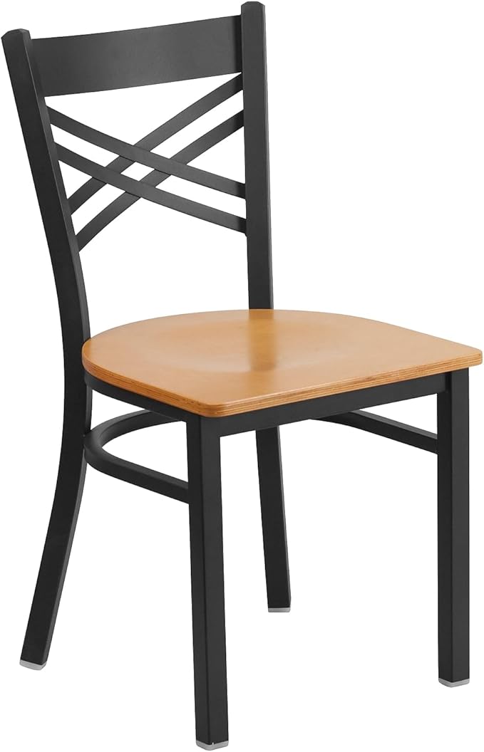 Flash Furniture 2 Pack HERCULES Series Black ''X'' Back Metal Restaurant Chair - Natural Wood Seat