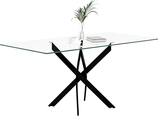 Tempered Glass Dining Table with Black Metal Legs, 47in Modern Rectangular Kitchen Table for Kitchen Dining Room Home Office (47.24 * 27.55, Black)