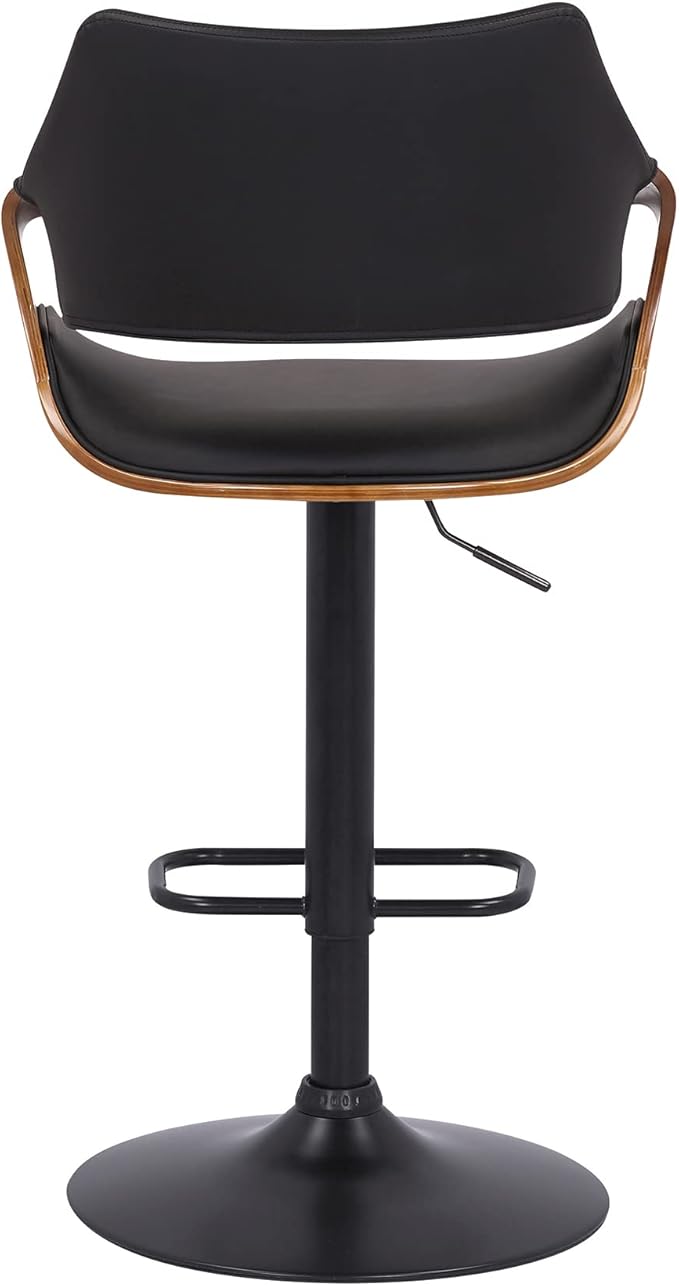 Armen Living Aspen Modern Adjustable Height Swivel Black Faux Leather and Walnut Wood Bar Stool with Black Base for Kitchen Island Counter