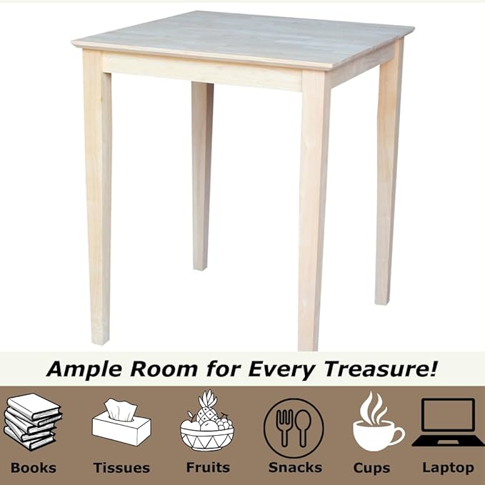 Solid Wood Top Dining Table, 36 Inch High, Unfinished