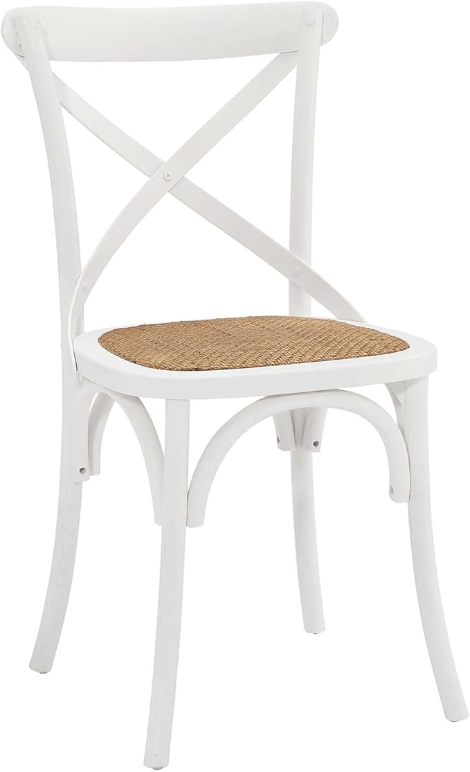 Modway Gear Rustic Modern Farmhouse Elm Wood Rattan Four Dining Chairs in White
