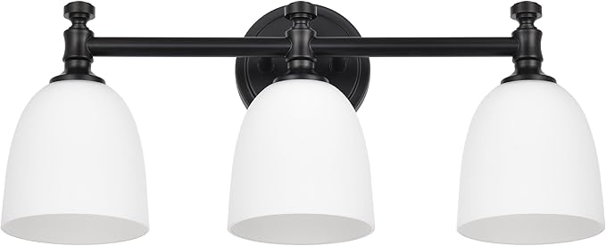 Black Bathroom Vanity Light, 3-Light Bathroom Light Fixtures Over Mirror, Traditional Vanity Lights for Living Room, Milk White Bell Glass Shades, Standard E26 Base, Matte Black