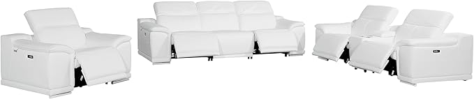 BlackJack Furniture Venice Top Grain Italian Leather Recliner 7 Seater 5 Power Reclining 3 Piece Sofa Set with Adjustable Headrests Modern Seating Sofa, Loveseat and Chair for Living Room , White