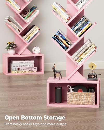 Evermagin 6 Tier Tree Bookshelf with Light, Bookcase, Pink