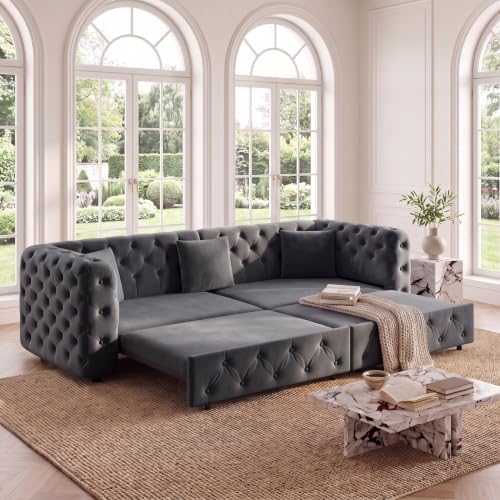 89" 4-Seater Queen Size Pull Out Sofa Bed with 3 Pillows, Gray