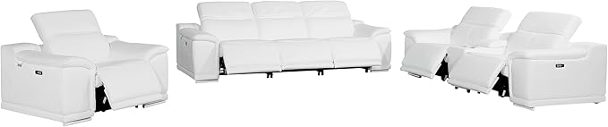 BlackJack Furniture Venice Top Grain Italian Leather Recliner 7 Seater 6 Power Reclining 3 Piece Sofa Set with Adjustable Headrests Modern Seating Sofa, Loveseat and Chair for Living Room , White