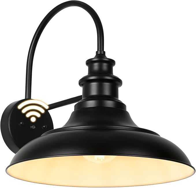 Dusk to Dawn Sensor Outdoor Barn Light Fixture, 16 Inch Dome Farmhouse Outdoor Wall Sconce, Rustic Exterior Wall Mount Light, Industrial Black White Wall Lantern for Porch, 1 Pack