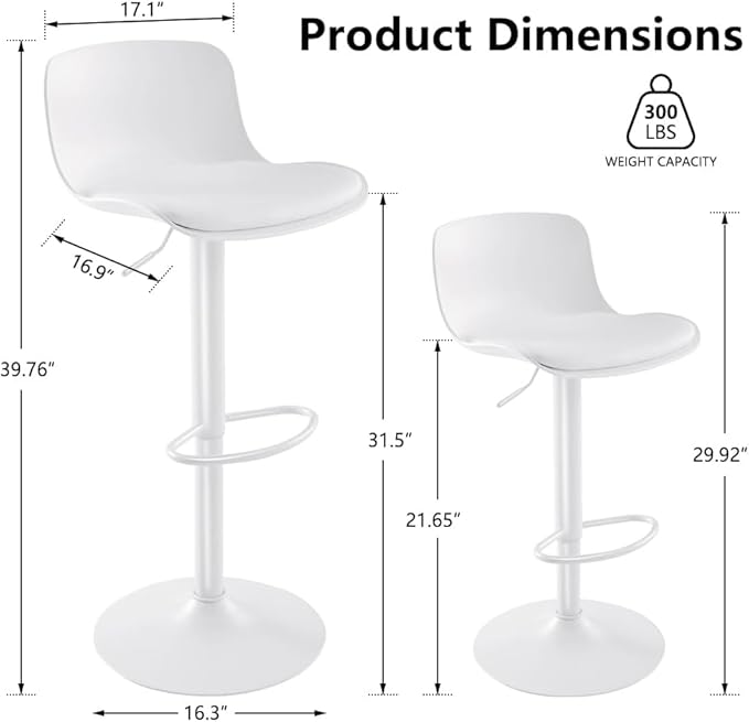 Kidol & Shellder Bar Stools Set of 4 Adjustable Swivel Counter Height Stools, Modern PU Leather Upholstered with Back Solid Color Barstools for Kitchen Island White