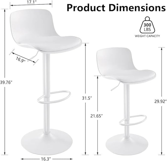 Kidol & Shellder Bar Stools Set of 4 Adjustable Swivel Counter Height Stools, Modern PU Leather Upholstered with Back Solid Color Barstools for Kitchen Island White