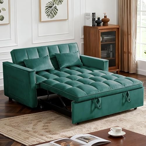 3 in 1 Convertible Sofa Bed, Velvet Fabric Loveseat Sleeper Sofa with Side Pockets, Pull Out Couch with Adjustable Backrest for Small Spaces, Living Room, Bedroom, Apartment, Green