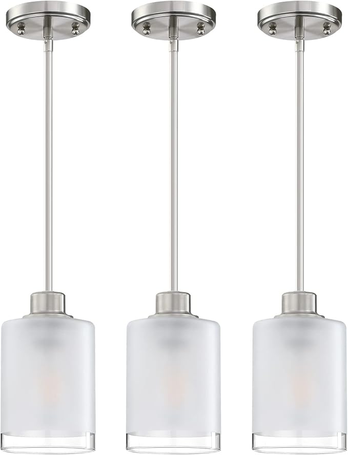 3 Pack 1-Light Industrial Farmhouse Kitchen Island Pendant Ceiling Light Frosted Glass Fixture,Brushed Nickel Finish for Bedroom Hallway Dining Room Entryway Over Sink