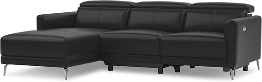 Valencia Andria 99.5" Reclining Leather Sectional Sofa, 3 Seater Reclining Couch with Left Hand Chaise | Italian Nappa 11000 Top Grain Leather | Power Reclining Seat with Adjustable Headrests - Black