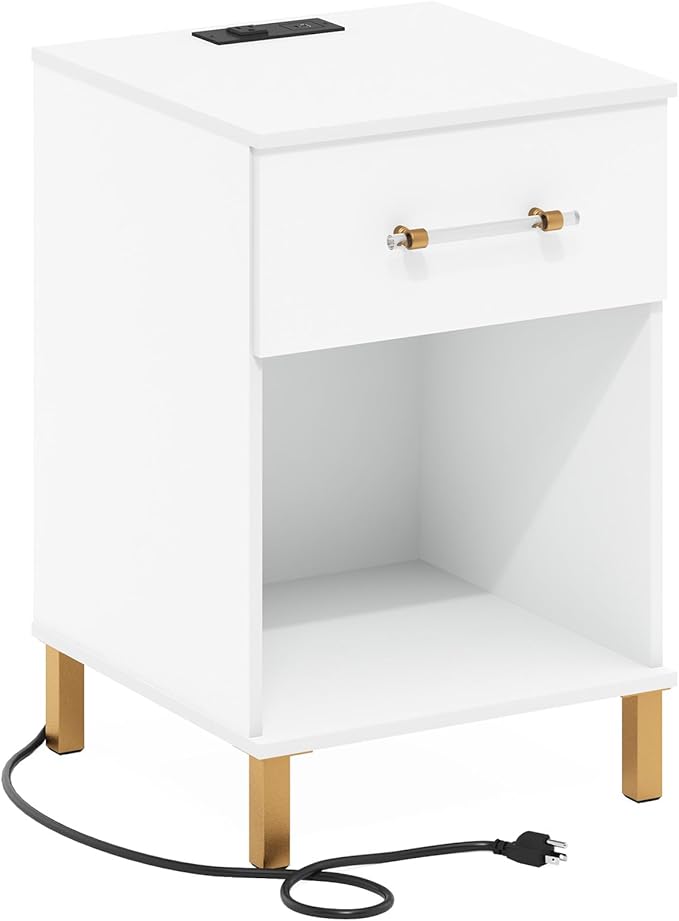 Furinno TIDUR Side Table, Modern Drawer End Table with Charging Station, Night Stand, Bedside Table with USB and Type-C Charging Port, for Living Room, Bedroom, White