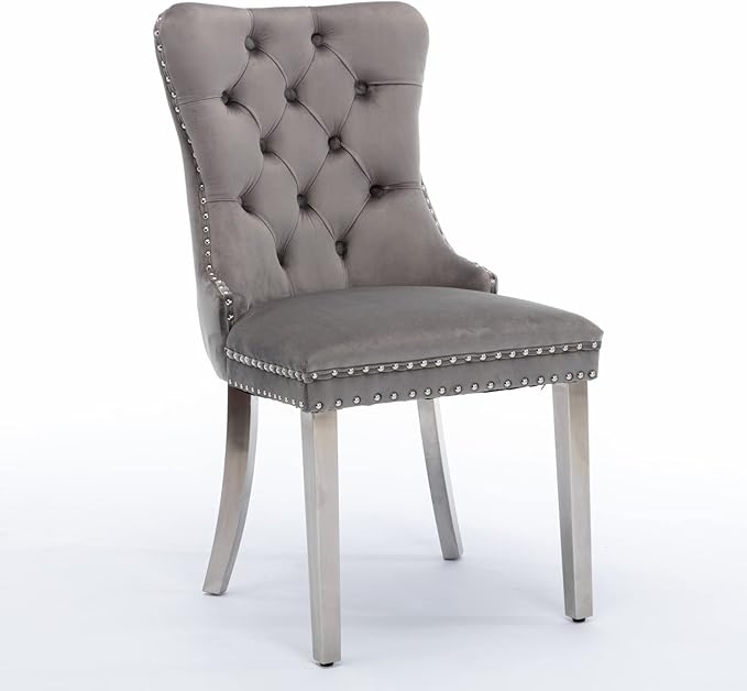 Solid Wood Dining Chair with Nailhead Trim,Velvet Upholstered W/Chrome Stainless Steel Plating Legs,Set of 2,for Living Room,Apartemnt,Gray and Chrome