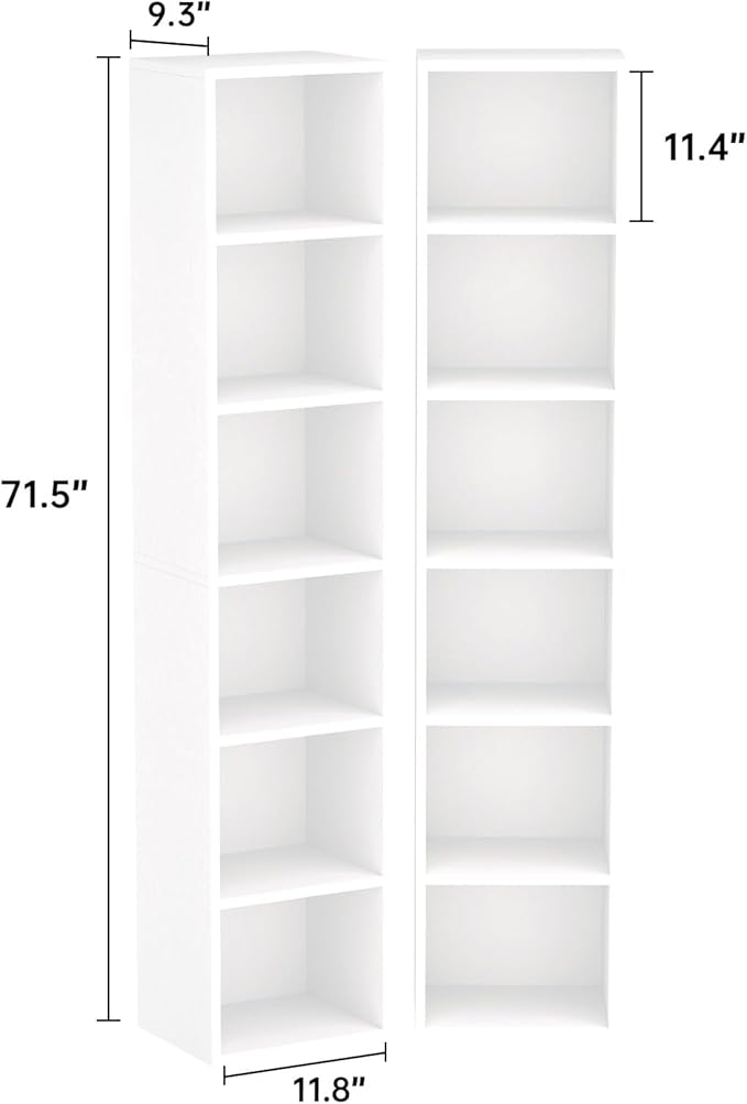 71.5" Tall Bookshelves and Bookcases Set of 2, 6 Tier Display Storage Shelves Home Decor Furniture for Home Office, Living Room, Bed Room (White, 11.8" Narrow)