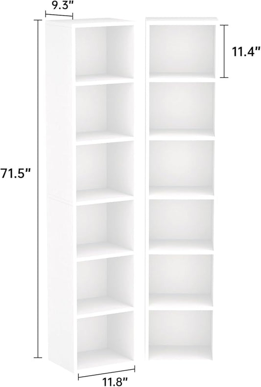 71.5" Tall Bookshelves and Bookcases Set of 2, 6 Tier Display Storage Shelves Home Decor Furniture for Home Office, Living Room, Bed Room (White, 11.8" Narrow)