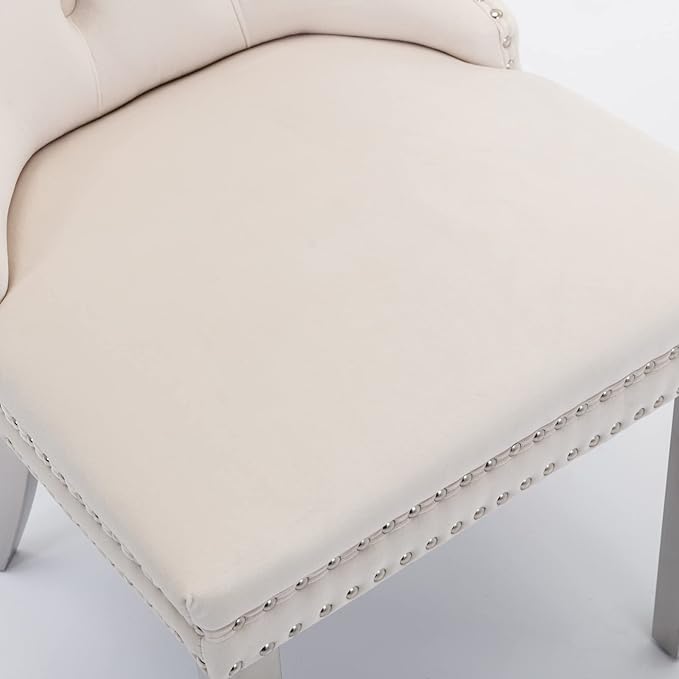 Solid Wood Dining Chair with Nailhead Trim,Velvet Upholstered W/Chrome Stainless Steel Plating Legs,Set of 2,for Living Room,Apartemnt,Beige and Chrome