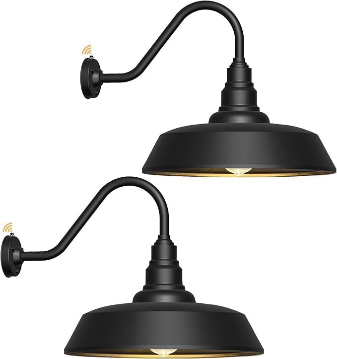 24 Inch Large Gooseneck Barn Light Outdoor Lights 2-Pack, Vintage Exterior Black Barn Light with Dusk to Dawn Sensor for Farmhouse, Porch, Patio, Gooseneck Lighting…