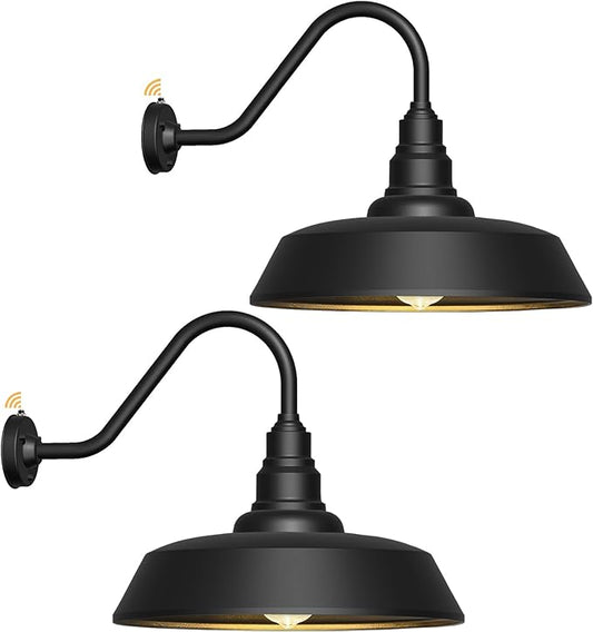 24 Inch Large Gooseneck Barn Light Outdoor Lights 2-Pack, Vintage Exterior Black Barn Light with Dusk to Dawn Sensor for Farmhouse, Porch, Patio, Gooseneck Lighting…