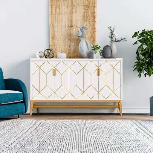 Tribesigns White Gold Storage Cabinet with Door and Adjustable Shelves for Living Room, Modern Floor Cabinets Long Sideboard Buffet Golden Coffee Bar with 4 Doors Metal Frame for Home Office Kitchen