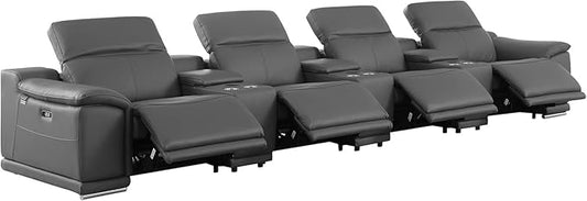 BlackJack Furniture Venice Top Grain Italian Leather Power Recline 7 Piece 4 Seater Sofa - 175" Theater Seating Modern Couch for Living Room Lounge with Adjustable Headrests & USB Port, Dark Grey