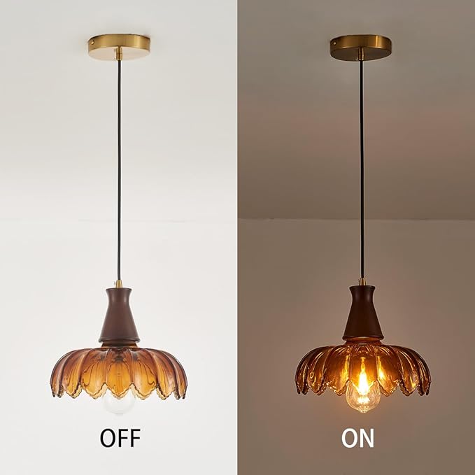 YLONG-ZS Pendant Lights Kitchen Island,Vintage Hanging Kitchen Light Fixtures with Amber Flower Glass，Walnut Wood Color Modern Hanging Pendant Ceiling Light for Island Dining Room Bedroom Living Room