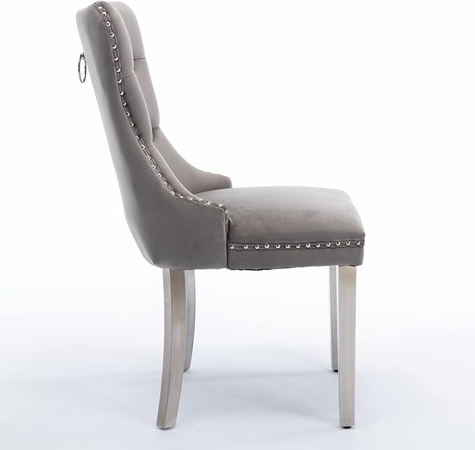 Solid Wood Dining Chair with Nailhead Trim,Velvet Upholstered W/Chrome Stainless Steel Plating Legs,Set of 2,for Living Room,Apartemnt,Gray and Chrome