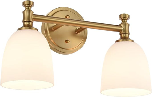 Gold Bathroom Vanity Light Fixtures, 2-Light Bathroom Vanity Light Fixtures Over Mirror, Traditional Vanity Lights for Living Room, Milk White Glass Shades, Standard E26 Base, Aged Brass
