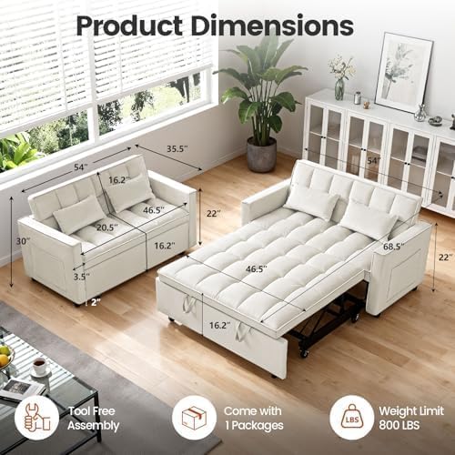 54" Convertible Pull Out Sofa Bed with Adjustable Backrest, White