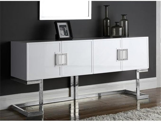 Meridian Furniture Beth Collection Modern | Contemporary Sideboard Buffet, Rich Chrome Stainless Steel Base, White Laquer Finish, 64" W x 18" D x 31" H, Cabinet