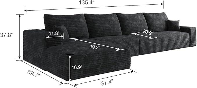 135" Corduroy Couch Sectional with Chaise, L Shape Boneless Cloud Couches for Living Room Bedroom, Modular Corner Couch, Fluffy Deep Seat Compression Sofa, Left Facing Chaise, No Assembly, Black