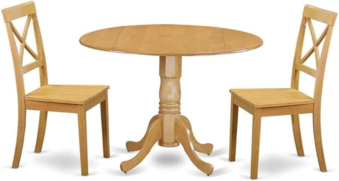 East West Furniture DLBO3-OAK-W 3 Piece Dining Set Contains a Round Dining Room Table with Dropleaf and 2 Wood Seat Chairs, 42x42 Inch, Oak