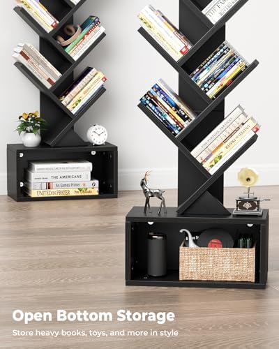Evermagin 6 Tier Tree Bookshelf with Light, Bookcase, Black