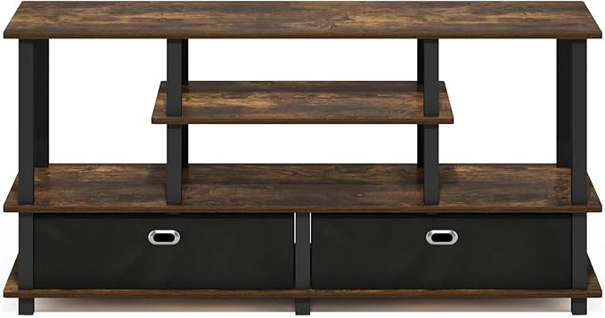 Furinno Jaya TV Stand, 4-Tier Entertainment Center with Open Shelf, TV Console for TV up to 55 Inch with 2 Storage Bins, Toolless Assembly, for Living Room, Bedroom, Amber Pine