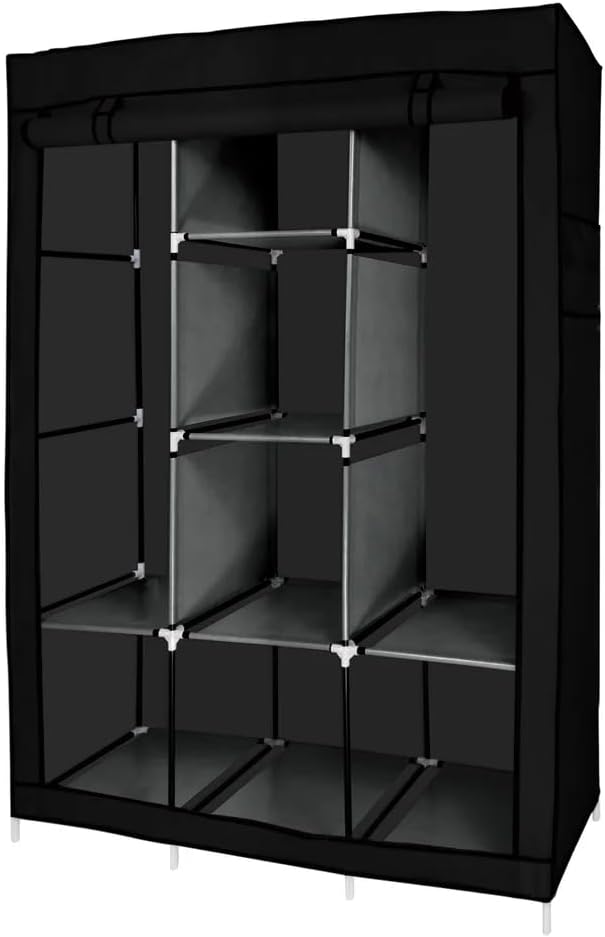 J&V TEXTILES Portable Closet Wardrobe Closet for Hanging Clothes with 8 Storage Shelves, 2 Hanging Rod and 4 Pockets, Free Standing Closet Clothes Organizer for Bedroom (Black)