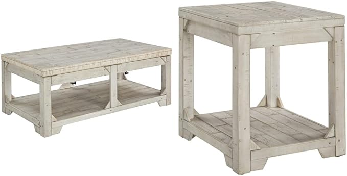 Signature Ashley Farmhouse Lift Top Coffee Table and End Table Set | Whitewash Weathered Finish