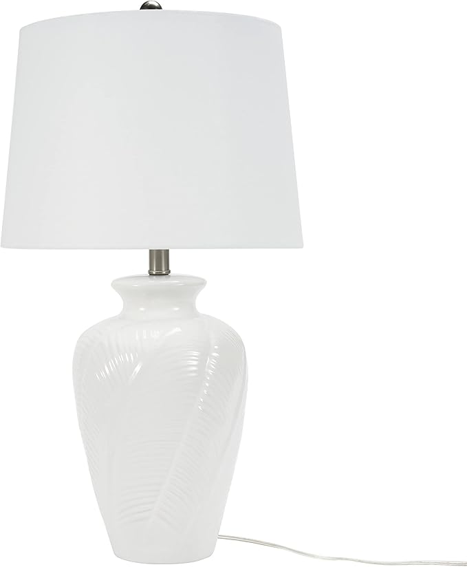Nourison Home 26" White Glossy Feather Engraved Coastal Farmhouse Table Lamp for Bedroom, Living Room, Dining Entryway
